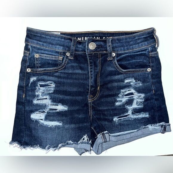 American Eagle Hi Rise Shortie Shorts denim jean distressed cut-offs Size 4 - Picture 1 of 5